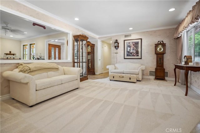 11300 Dulcet Ave, Porter Ranch, CA 91326 - living room featuring recessed lighting, ornamental molding, a ceiling fan, and light colored carpet
