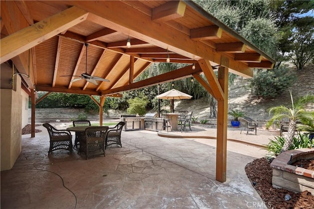 11300 Dulcet Ave, Porter Ranch, CA 91326 - view of patio featuring outdoor dining area, ceiling fan, and area for grilling