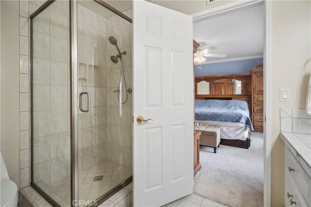 11300 Dulcet Ave, Porter Ranch, CA 91326 - bathroom with connected bathroom, vanity, a stall shower, crown molding, and a ceiling fan