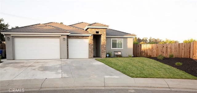 single story home with fence, a garage, stucco siding, concrete driveway, and stone siding