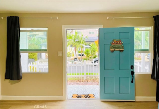 foyer entrance with a wealth of natural light, baseboards, and wood finished floors
