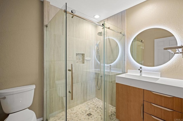 3358 Caminito Luna Nueva, Del Mar, CA 92014 - bathroom featuring toilet, a shower stall, a textured wall, and vanity
