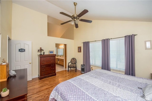 3251 Mountainside Dr, Corona, CA 92882 - bedroom featuring light wood finished floors, high vaulted ceiling, baseboards, and ceiling fan