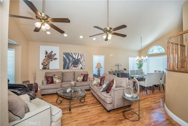 3251 Mountainside Dr, Corona, CA 92882 - living room featuring lofted ceiling, ceiling fan, wood finished floors, a chandelier, and recessed lighting