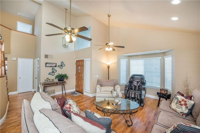 3251 Mountainside Dr, Corona, CA 92882 - living area featuring ceiling fan, baseboards, wood finished floors, high vaulted ceiling, and recessed lighting
