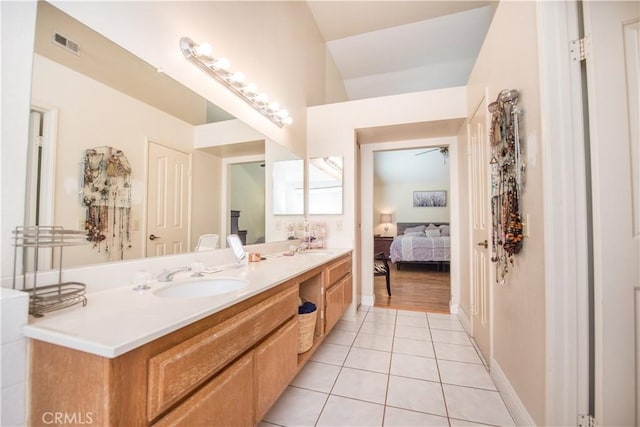 3251 Mountainside Dr, Corona, CA 92882 - ensuite bathroom with tile patterned flooring, double vanity, and a ceiling fan