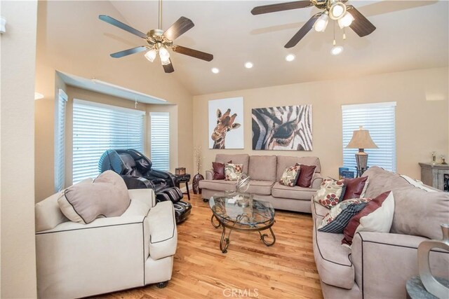 3251 Mountainside Dr, Corona, CA 92882 - living area with lofted ceiling, ceiling fan, light wood finished floors, and recessed lighting