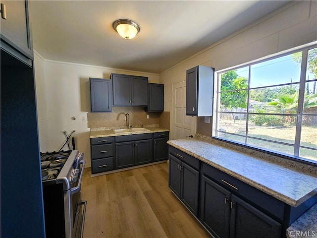 kitchen featuring a sink, range with two ovens, a healthy amount of sunlight, and wood finished floors