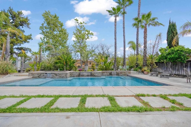 view of pool featuring a patio, fence, and a fenced in pool