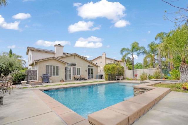 view of pool with central air condition unit, a patio area, a fenced backyard, grilling area, and a fenced in pool
