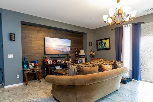 36696 Pavic Ct, Lake Elsinore, CA 92532 - living area with a chandelier, light tile patterned flooring, and wooden walls