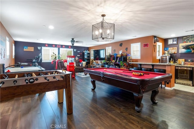 36696 Pavic Ct, Lake Elsinore, CA 92532 - rec room featuring beverage cooler, pool table, a chandelier, wood finished floors, and recessed lighting