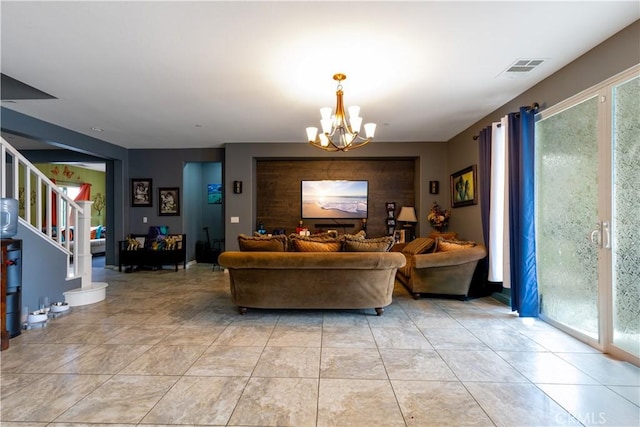 36696 Pavic Ct, Lake Elsinore, CA 92532 - living room featuring a chandelier, healthy amount of natural light, and stairs