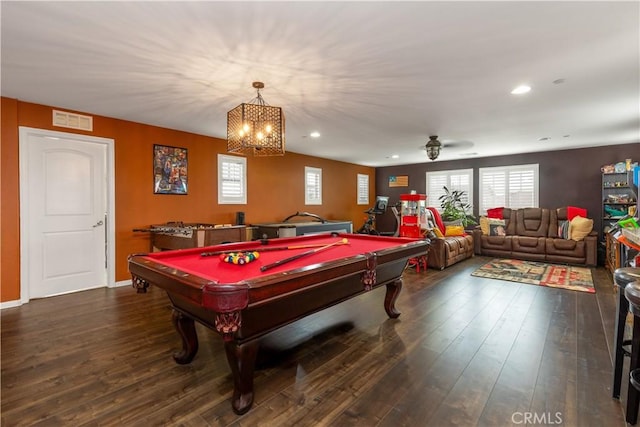 36696 Pavic Ct, Lake Elsinore, CA 92532 - recreation room with dark wood finished floors, billiards, a chandelier, recessed lighting, and ceiling fan