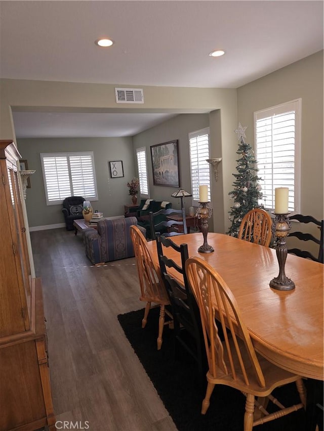 4990 Padre Ave, Rancho Cucamonga, CA 91739 - dining space featuring dark wood-style flooring, baseboards, visible vents, and recessed lighting