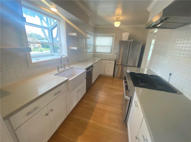 kitchen featuring a sink, extractor fan, stainless steel appliances, backsplash, and plenty of natural light