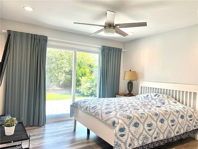 6051 Summerdale Dr, Huntington Beach, CA 92647 - bedroom with a ceiling fan, access to outside, recessed lighting, and wood finished floors