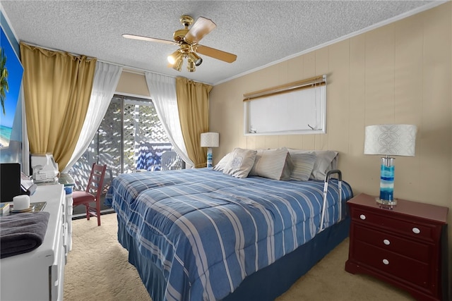 7111 Texhoma Ave, Van Nuys, CA 91406 - bedroom featuring carpet, ornamental molding, a textured ceiling, and a ceiling fan