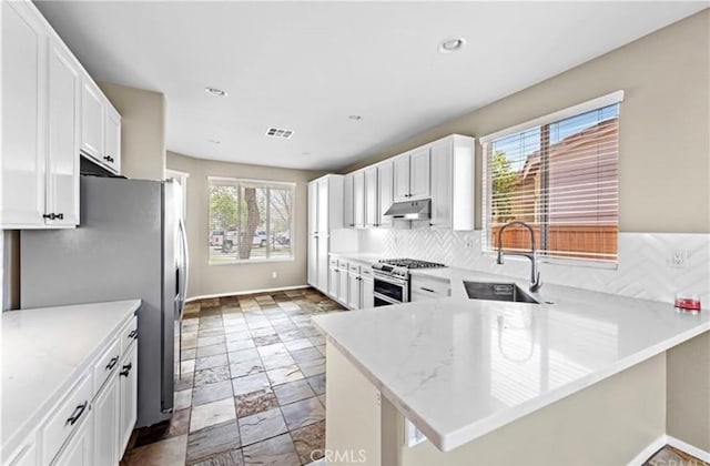 kitchen with a peninsula, a sink, stainless steel appliances, white cabinets, and backsplash