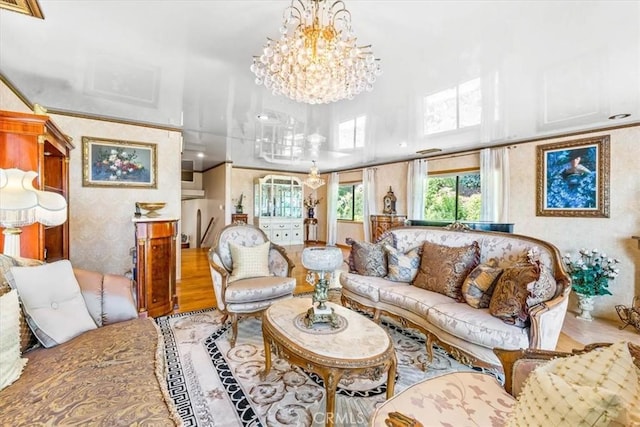 17861 Cathedral Pl, Encino, CA 91316 - living area with a chandelier, ornamental molding, and wood finished floors