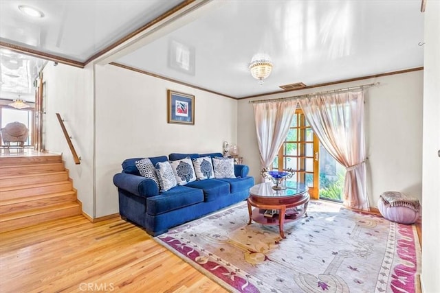 17861 Cathedral Pl, Encino, CA 91316 - living area featuring crown molding, wood finished floors, and stairway