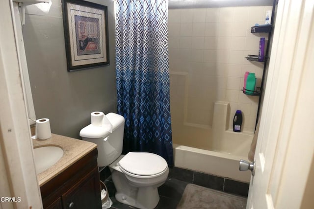 bathroom featuring toilet, vanity, and shower / bath combo with shower curtain