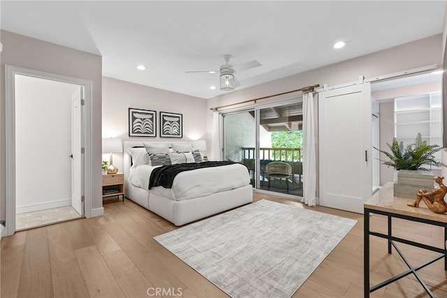 bedroom featuring recessed lighting, ceiling fan, light wood-type flooring, and access to exterior