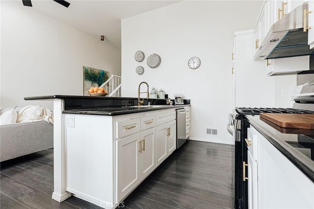 kitchen featuring under cabinet range hood, visible vents, a sink, dark countertops, and stainless steel appliances