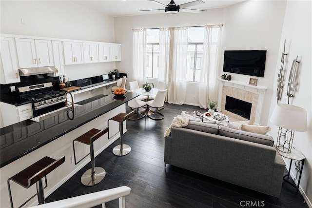 living area with a fireplace, ceiling fan, baseboards, and dark wood-style floors