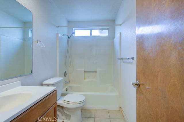 bathroom with toilet, bathing tub / shower combination, tile patterned flooring, and vanity