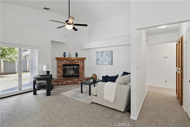 624 Rensselaer Ct, Merced, CA 95348 - living room with ceiling fan, carpet floors, high vaulted ceiling, and visible vents