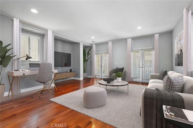 12931 Runway Rd, Playa Vista, CA 90094 - living room with wood finished floors, recessed lighting, baseboards, and french doors