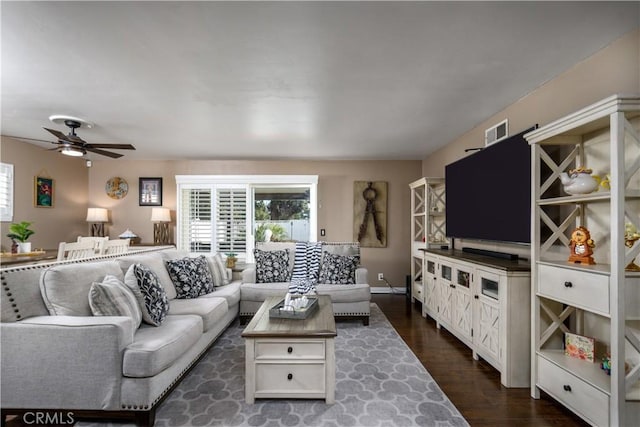 living area with ceiling fan, plenty of natural light, visible vents, and dark wood-style flooring