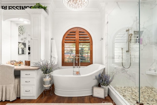 1405 Rock Ridge Dr, Lake Arrowhead, CA 92352 - full bathroom with a freestanding bath, crown molding, a marble finish shower, and wood finished floors