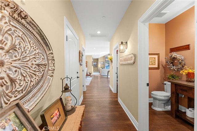 1405 Rock Ridge Dr, Lake Arrowhead, CA 92352 - corridor with recessed lighting, attic access, baseboards, and dark wood finished floors