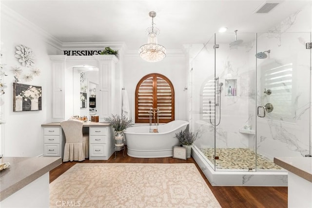1405 Rock Ridge Dr, Lake Arrowhead, CA 92352 - full bathroom featuring a marble finish shower, crown molding, visible vents, and wood finished floors