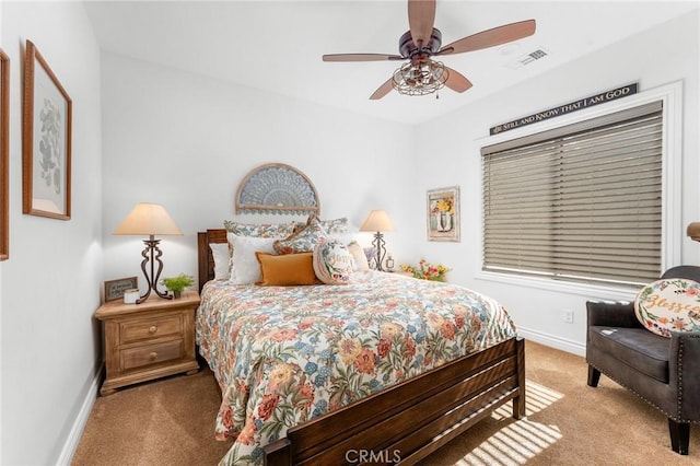 1405 Rock Ridge Dr, Lake Arrowhead, CA 92352 - carpeted bedroom featuring baseboards, visible vents, and a ceiling fan