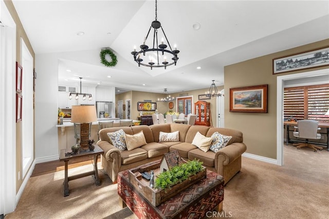 1405 Rock Ridge Dr, Lake Arrowhead, CA 92352 - living room with a notable chandelier, baseboards, light colored carpet, vaulted ceiling, and recessed lighting