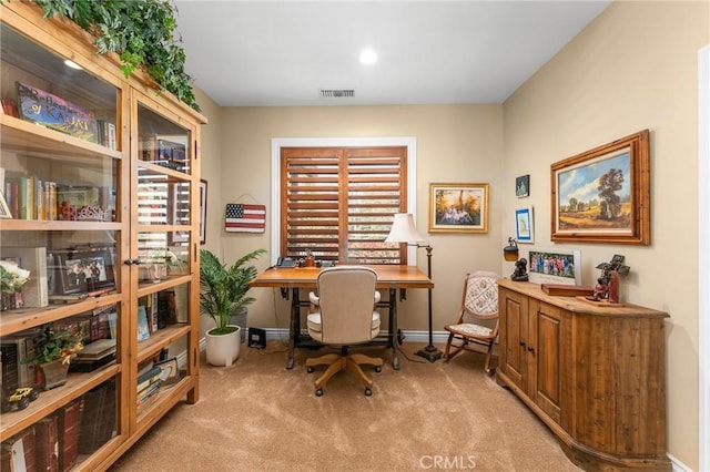 1405 Rock Ridge Dr, Lake Arrowhead, CA 92352 - office featuring baseboards, recessed lighting, light carpet, and visible vents