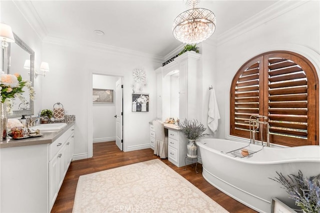 1405 Rock Ridge Dr, Lake Arrowhead, CA 92352 - full bath with a soaking tub, crown molding, wood finished floors, and vanity