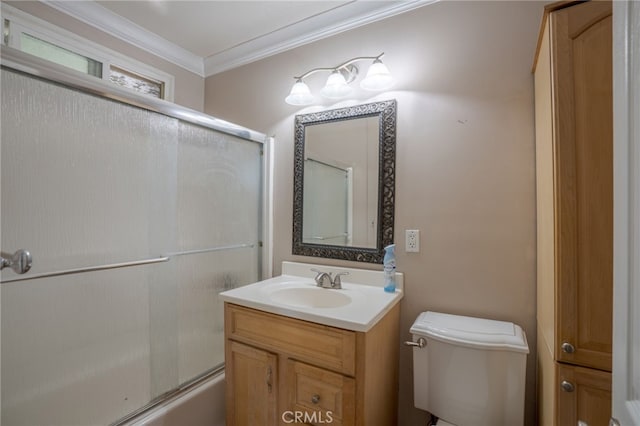 14967 Dunton Dr, Whittier, CA 90604 - bathroom with toilet, shower / bath combination with glass door, crown molding, and vanity