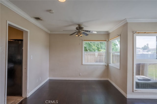 14967 Dunton Dr, Whittier, CA 90604 - empty room featuring ceiling fan, a smoke detector, baseboards, wood finished floors, and crown molding
