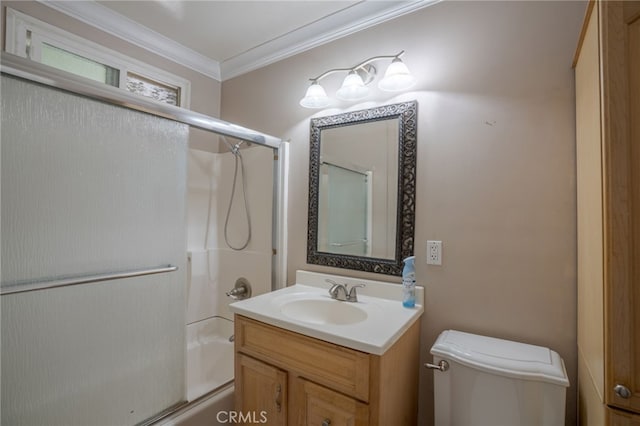 14967 Dunton Dr, Whittier, CA 90604 - full bathroom featuring enclosed tub / shower combo, toilet, crown molding, and vanity