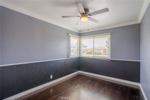 14967 Dunton Dr, Whittier, CA 90604 - empty room with wood finished floors, a ceiling fan, baseboards, wainscoting, and ornamental molding