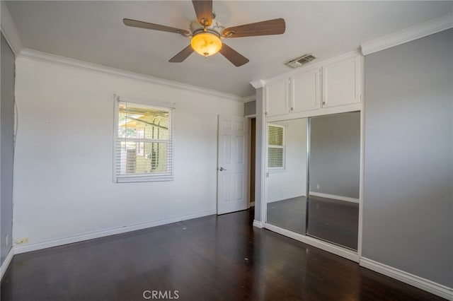14967 Dunton Dr, Whittier, CA 90604 - unfurnished bedroom featuring ornamental molding, dark wood finished floors, baseboards, a closet, and ceiling fan