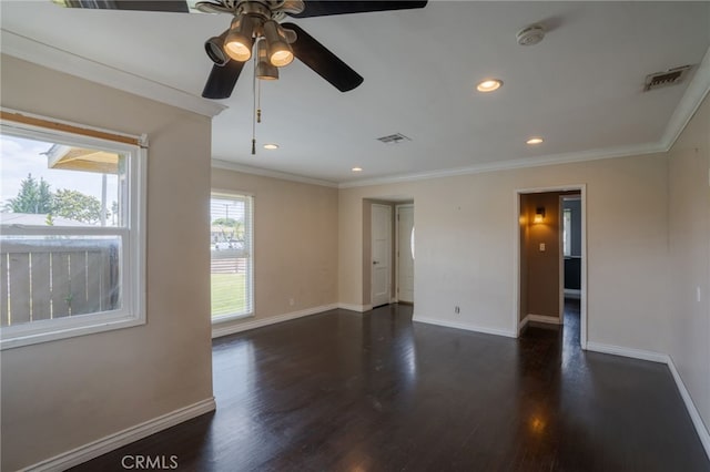 14967 Dunton Dr, Whittier, CA 90604 - empty room featuring ceiling fan, dark wood-style flooring, baseboards, a smoke detector, and crown molding