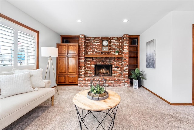 12172 Manley St, Garden Grove, CA 92845 - carpeted living area featuring baseboards, a brick fireplace, and recessed lighting
