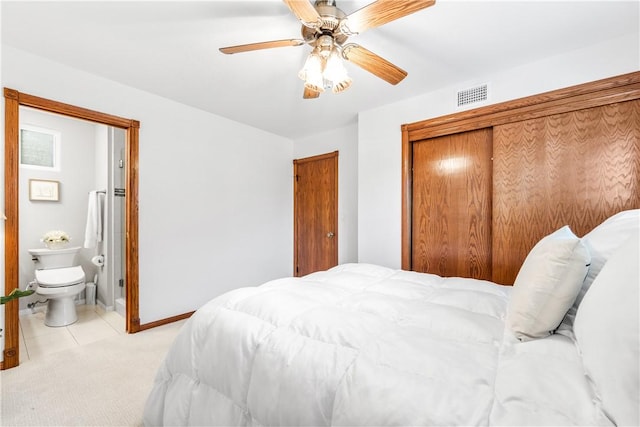12172 Manley St, Garden Grove, CA 92845 - bedroom featuring light carpet, ceiling fan, baseboards, ensuite bathroom, and a closet