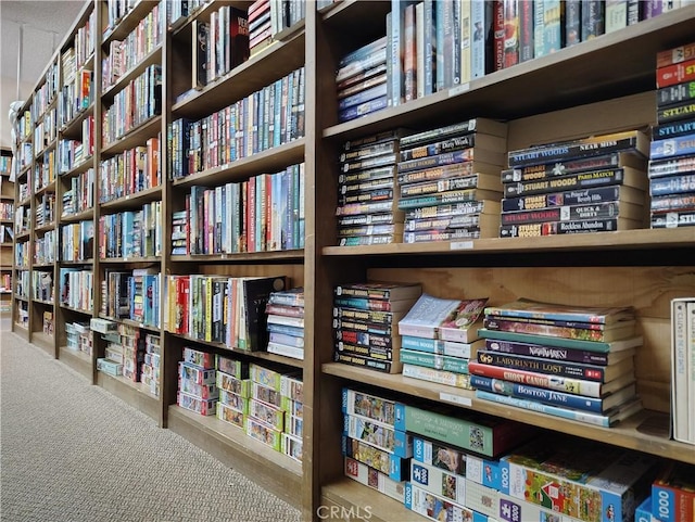 miscellaneous room featuring bookshelves and carpet