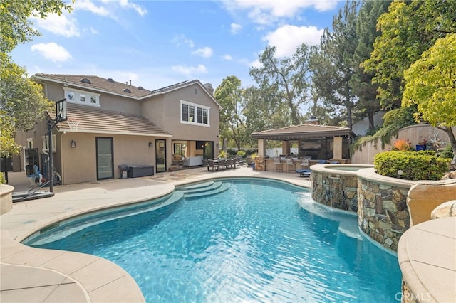 view of pool featuring a patio, a gazebo, and fence